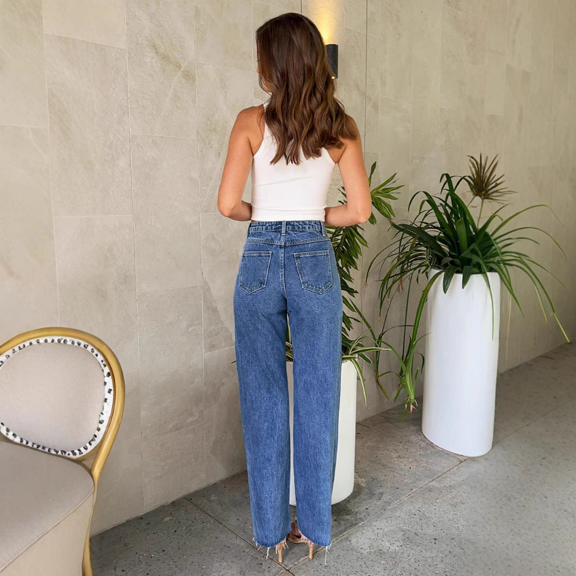 Modieuze Rechte Jeans voor Dames met Parels en Waterwas