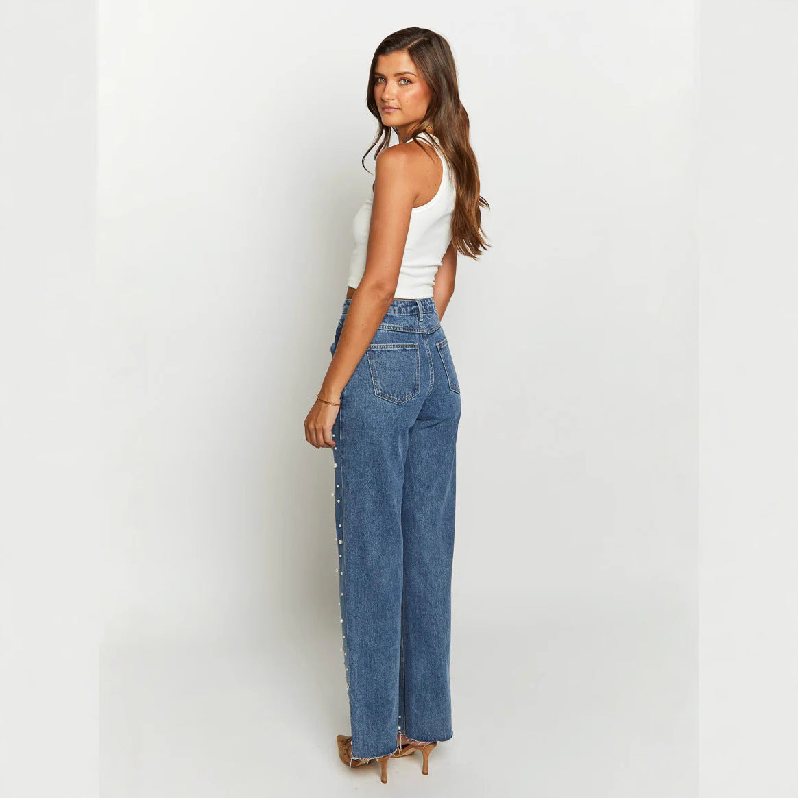 Modieuze Rechte Jeans voor Dames met Parels en Waterwas